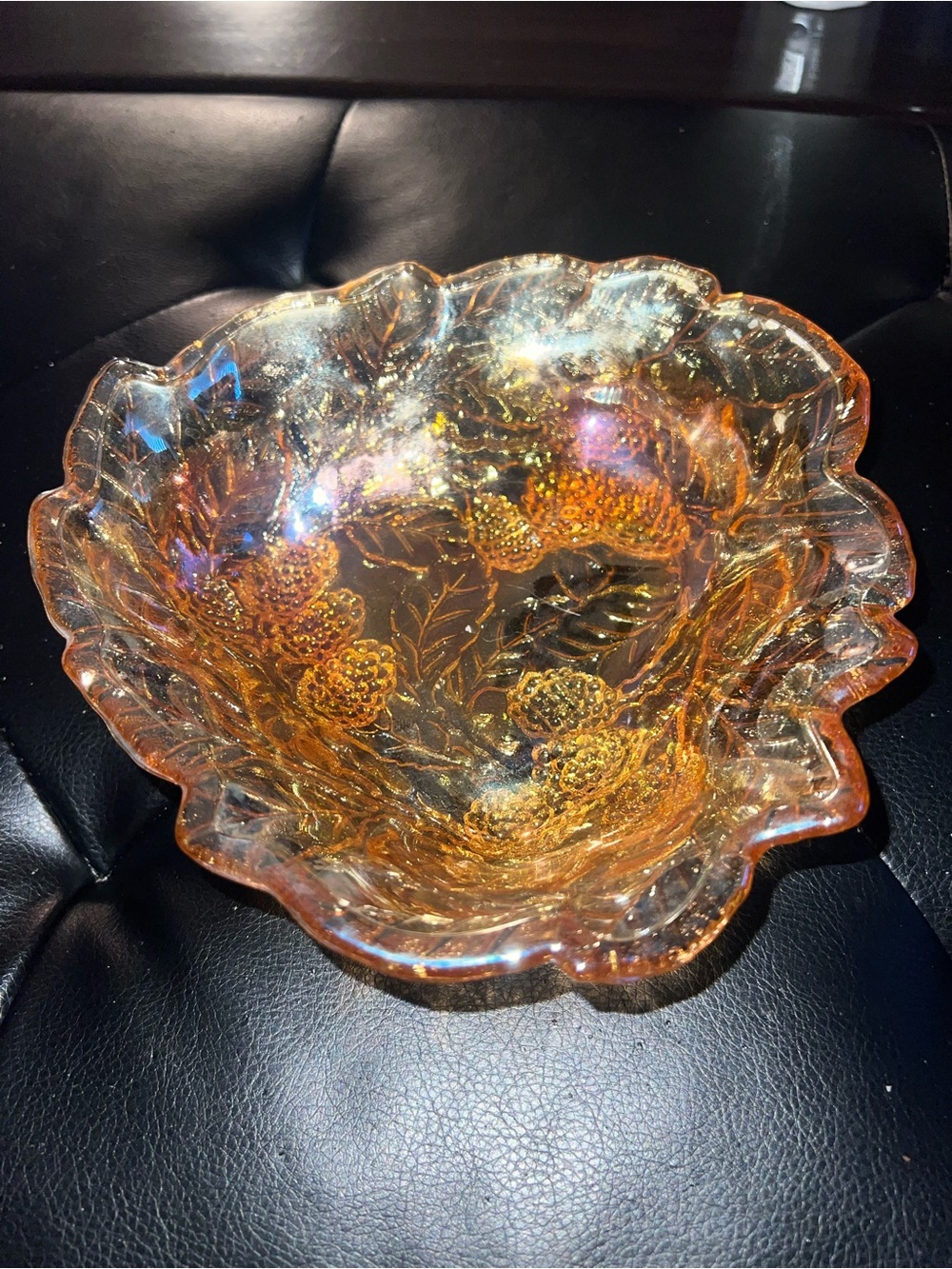 Iridescent Orange Carnival Glass Floral Decorative Bowl